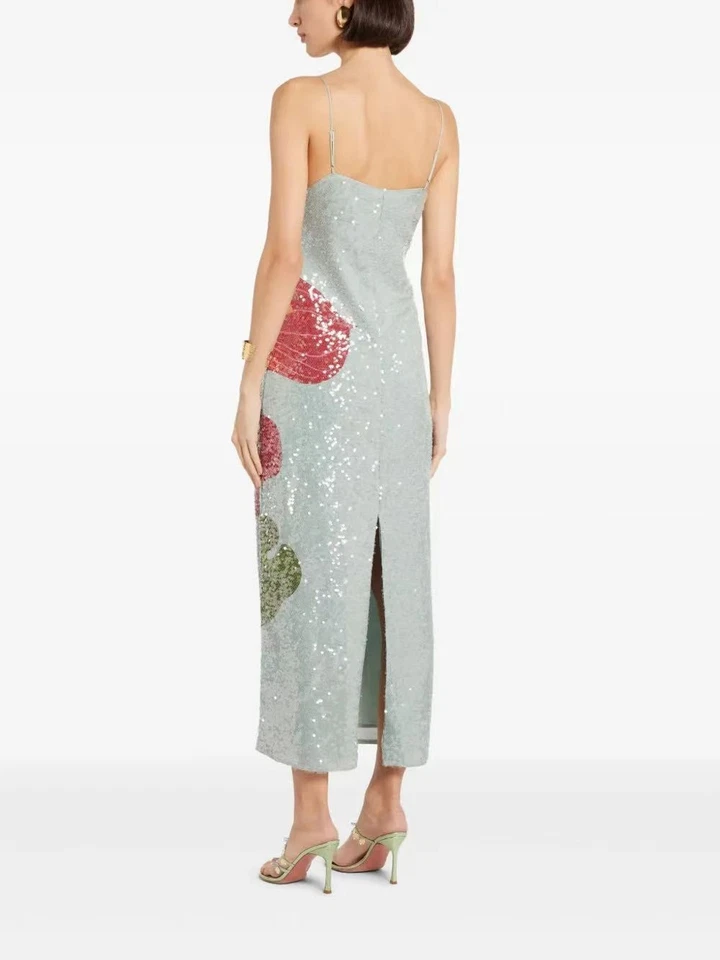 Maxi Vestido G2U Sin Etiquetas 450 Nuevo Sin Etiquetas Farm Rio Azul Lentejuelas Anthurium Flores Sin Mangas Foto 3 de 4