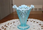 Fenton Vintage Aqua Blue Opalescent Glass Hobnail Ruffled Trumpet  5.5" Vase