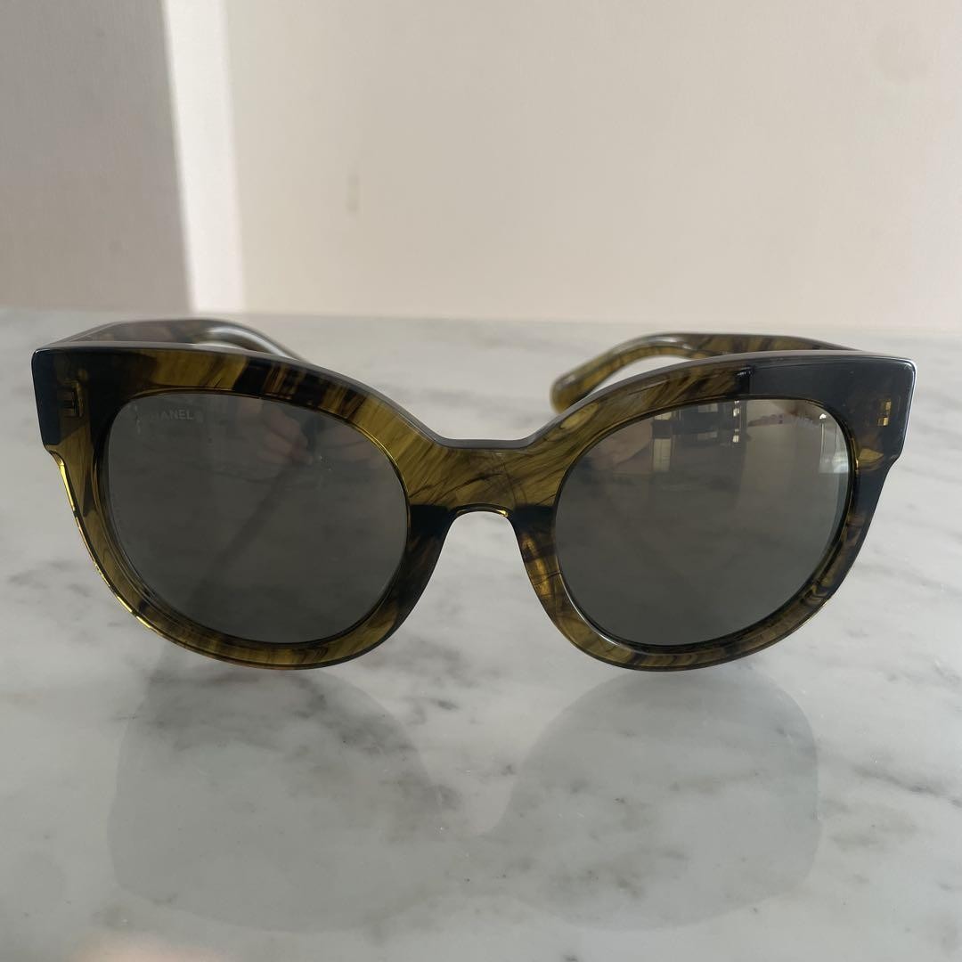 CHANEL Olive Green Cat Eye Sunglasses with Gold Accents