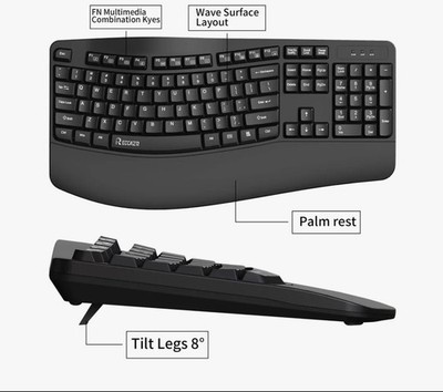 RECCAZR EK30 Ergonomic Wired USB Keyboard Quiet Membrane Wave Black Open Box