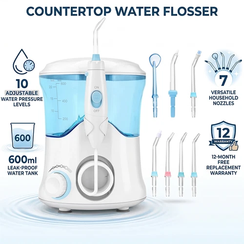 Water Flosser Oral Irrigator with 7 Nozzles 10 Pressure Settings 600mL Large Tan