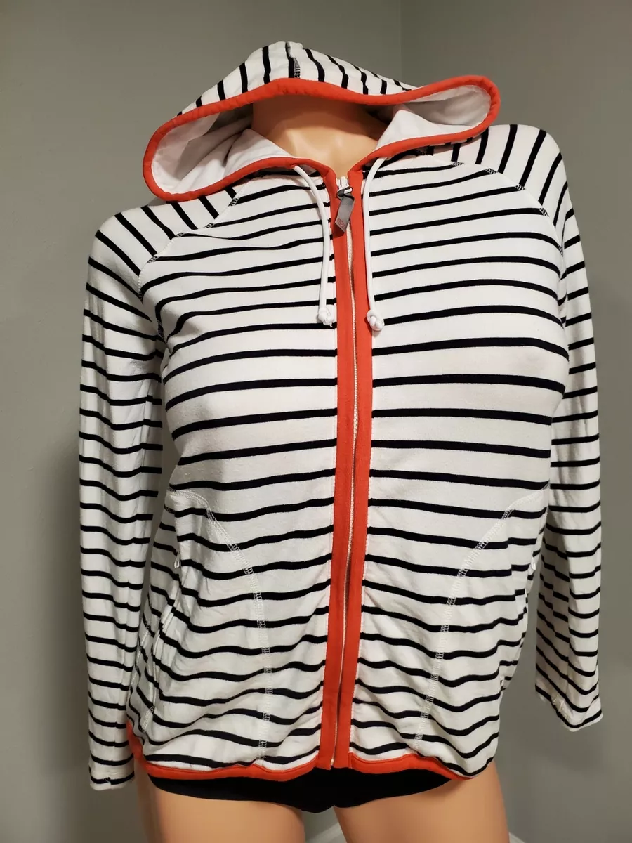 Womens Talbots Petite Medium Full Zip Up Hoodie White Black Stripes Pockets NICE