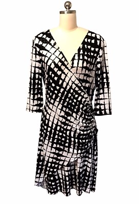 Joseph Ribkoff Ruched Faux Wrap Dress Geometric Grid Print
