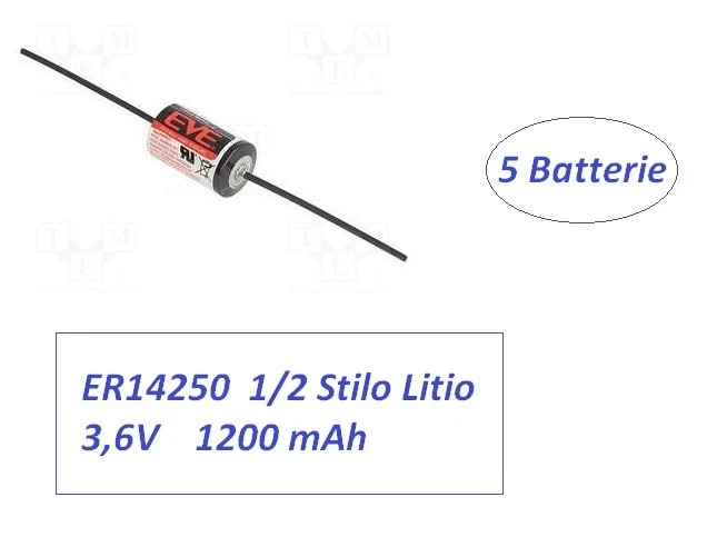 5 batterie EVE ER14250 1/2 Stilo Litio 3,6V 1200 mAh Litio mezzastilo a saldare