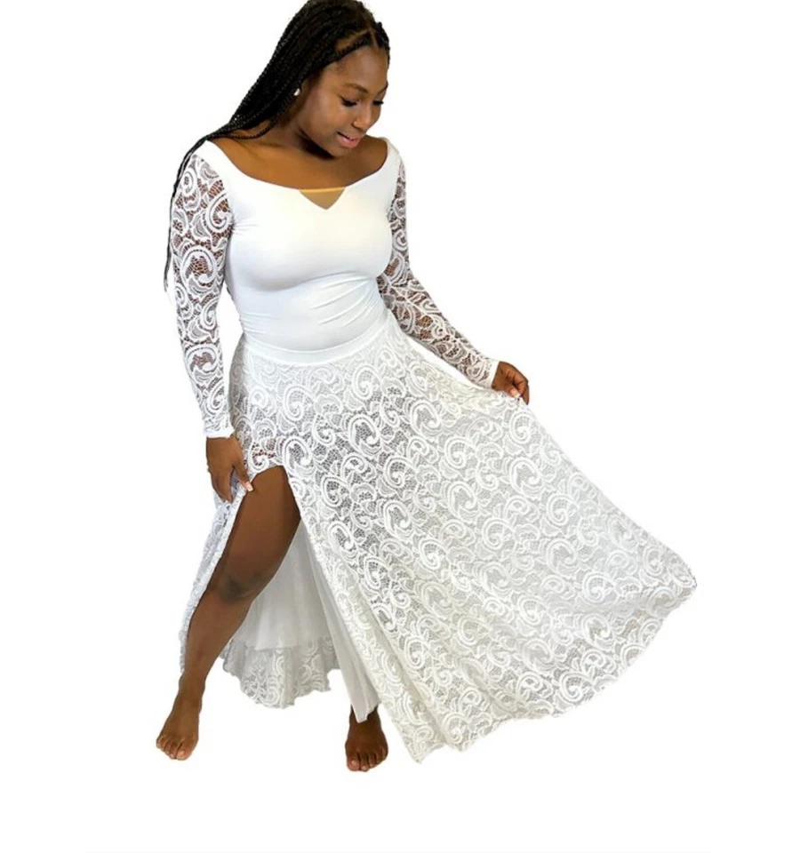 Mujeres Blanco Encaje Manga Larga Alabanza Vestido Baile Ballet Iglesia Ropa de Baile Disfraz L Foto 4 de 4
