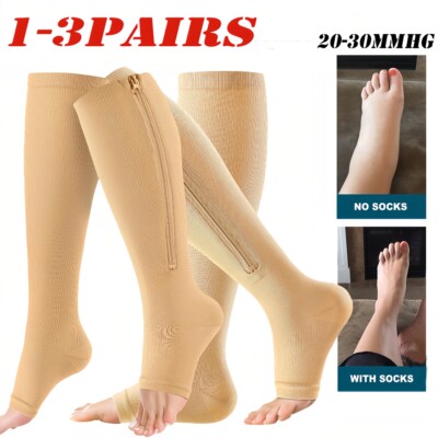 1-3 Pair Zippered Open Toe Compression Socks 20-30mmHg Calf Leg Support Stocking