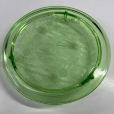 Vtg Jeanette Sunflower Green Depression Uranium Glass Cake Plate Footed Platter
