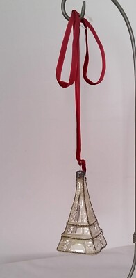 Eiffel Tower Ornament Paris France Blown Glass Silver Glitter/Velvet ribbon 4.25