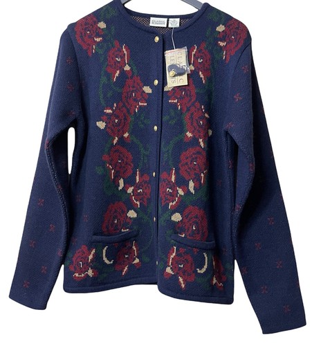 Classic Elements Acrylic Blue Floral Print Gold Buttons, Women’s Medium. New