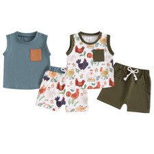 Toddler Boy Summer Infant Outfits Baby Boy Sleeveless T-Shirt Farm Print Shorts