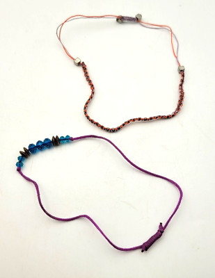 Adjustable Friendship Bracelets Beaded String Pair Blue Purple Orange Clear