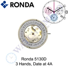 Genuine Ronda 5130D Watch Movement Swiss Parts 3 Hands, Date at 4 Angled