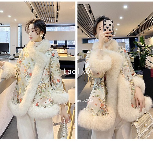 Chinese Style Women Faux Fur Collar Coat Embroidery Cotton Padded Cloak Overcoat - Picture 9 of 25