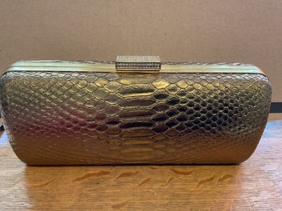 Devi Kroell Metallic Bronze Snake Skin Pattern Crystal Clasp Clutch Evening Bag