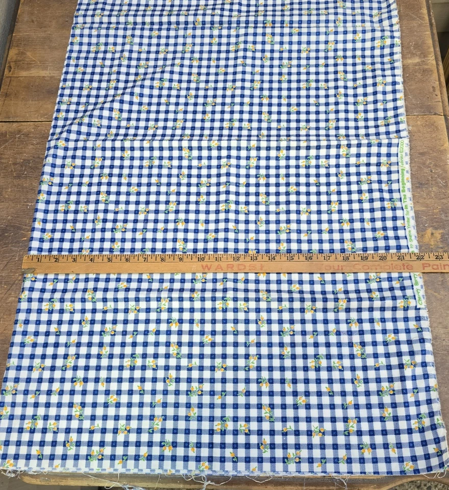 Винтажная 2 ярда синяя клетчатая ткань желтая вишня ретро вишня хлопок ткань - Изображение 4 из 4