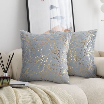 Set of 2 Fluffy Grey Faux Fur Pillow Covers with Gold Branches Glitter Printe...