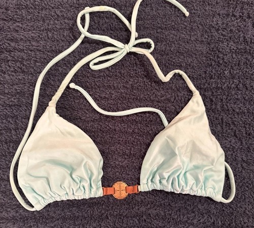 Teal Blue String Bikini Top SZ M/L ? Brand? Leather Medallion Center Swim/Beach - Picture 1 of 5