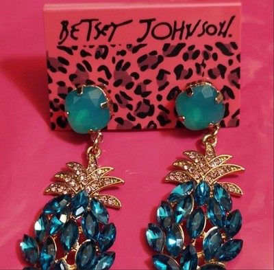Vintage Betsey Johnson Blue Rhinestone Pineapple Dangle Earrings