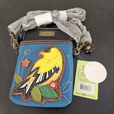 NEW CHALA YELLOW FINCH BIRD CELL PHONE CROSSBODY PURSE ADJ STRAP BLUE FLOWER