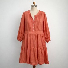 Finley Linen Pleated Button Front Tiered Midi Dress Coral Made in USA Size S