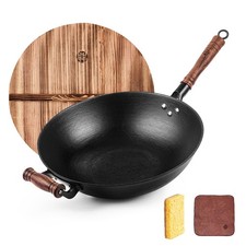 WANGYUANJI 13.4" Cast Iron Wok Flat Bottom Fry Pan for All Stoves, Sealed Lid