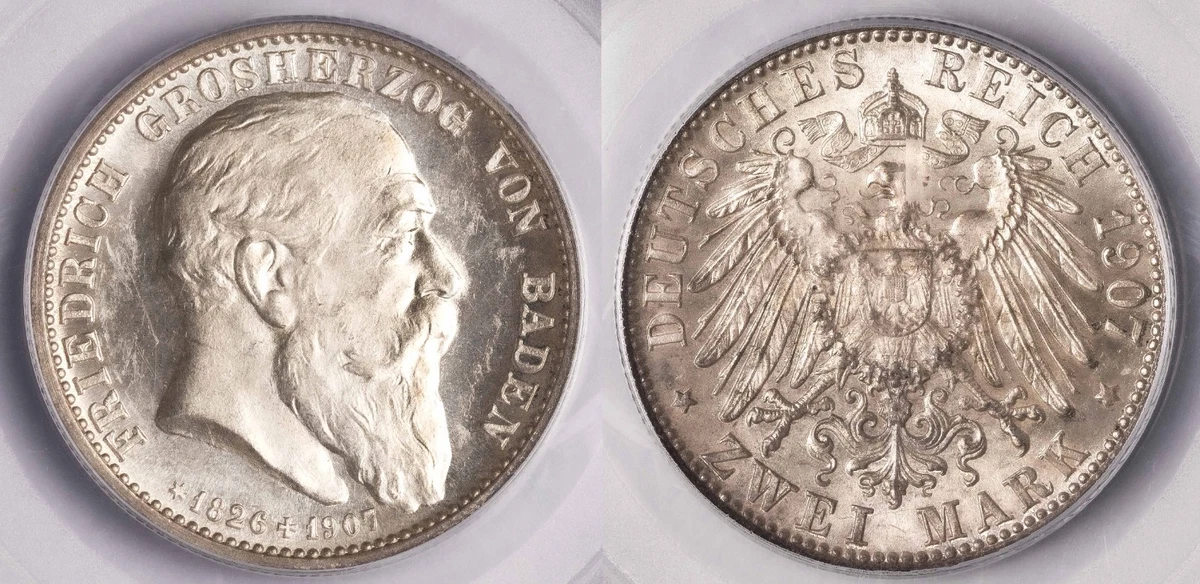 ドイツ銀貨 2マルク 1907-G バーデンシルバー PCGS AU58 ドイツ銀貨 2