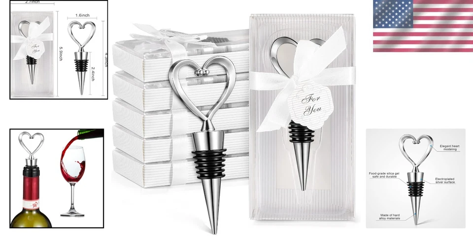 Pacote com 30 rolhas de vinho coração liga prata - Presentes de festa elegantes e funcionais - Imagem 2 de 4