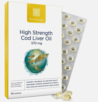 healthspan hochfestes Lebertran 570 mg. 180 Kapseln. ABLAUFDATUM 06/2027