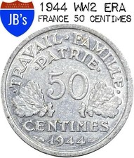 WW2 Era 1944 France 50 Centimes Aluminum Coin .50c - Fine/Very Fine (F/VF)