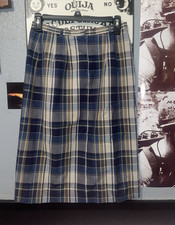 60s VTG Sears Plaid A-Line Skirt S Regular Knee Length Button Blue Gray 27 in