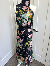 Petal & Pup Black Floral Funnel Neck Satin Midi Dress Lined Tie XS RV $99