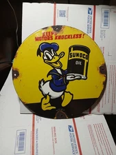 VINTAGE 1939 DISNEY SUNOCO DONALD DUCK PORCELAIN SIGN PUMP GAS STATION OIL LUBE