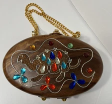 Turtle Wood Box Purse Jeweled Chain Handle Peg Feet Poki Mod Enid Collins Look