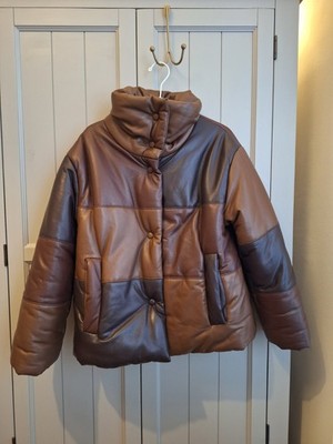 Nanushka Vegan Leather Puffer Jacket Size Medium Quilted Brown Oversized 
