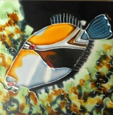 Tropical fish hand painted ceramic art tile coaster 4 x 4 inches with back