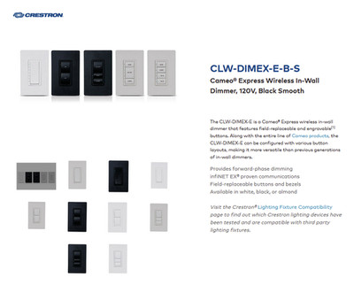 Crestron CLW-DIMEX-E-B-S Cameo  Express Wireless In-Wall Dimmer, Black, new