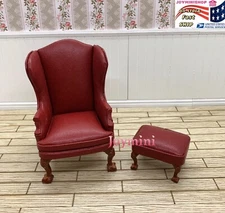1/12 Dollhouse Miniature 2pcs Red Leather Single Sofa&Ottoman Set Furniture
