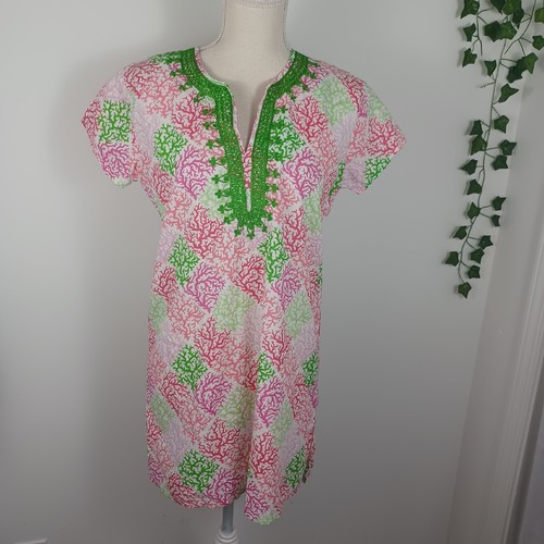 Top It Off Floral Tunic Dress Small Pink & Green -V-Neck -Short Sleeves-Short - Picture 11 of 12