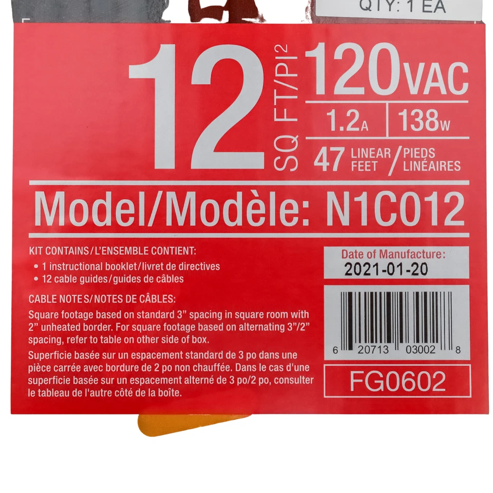 Sistema de calefacción por suelo radiante eléctrico con cable de calefacción nVent 120V modelo N1C012 12 pies cuadrados Foto 4 de 4