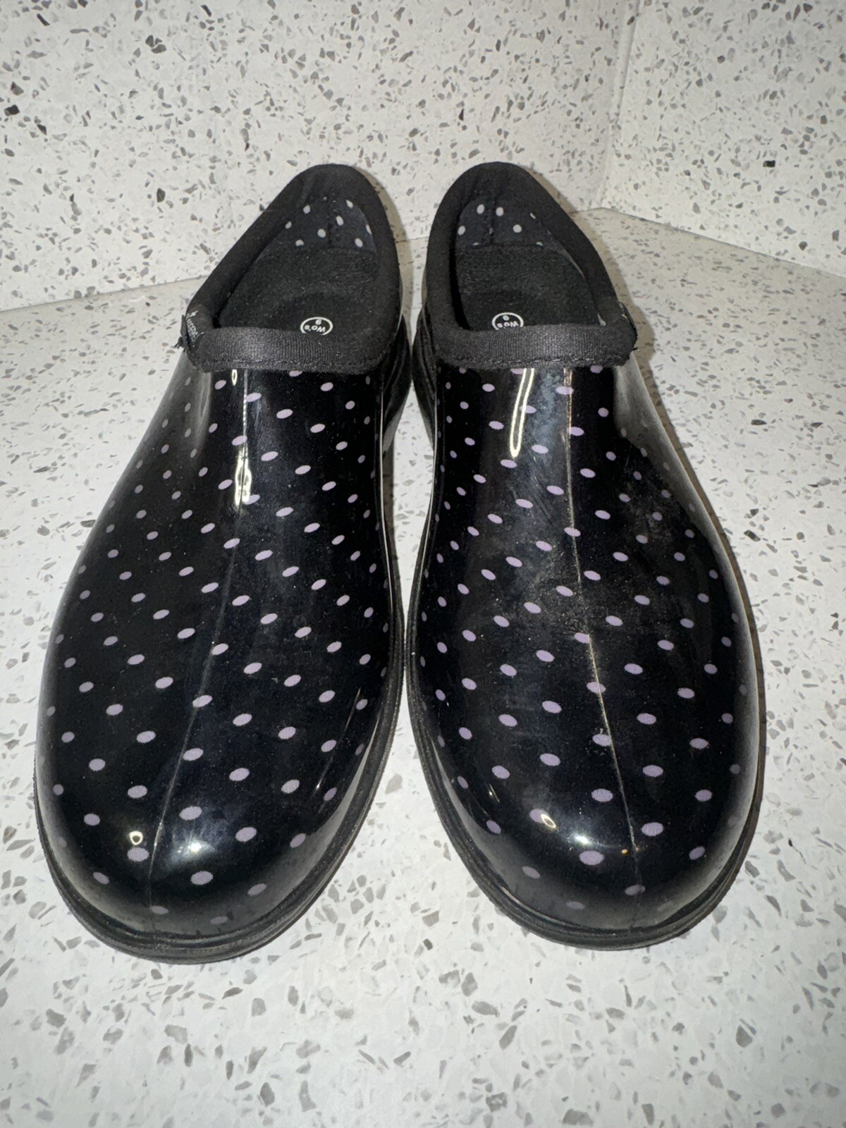 Sloggers Womens Rain Garden Slip on Clogs Black with Polka Dots Size 9