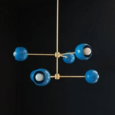 handcrafted Modern Brass 6 Light Blue Ball Sputnik Chandelier
