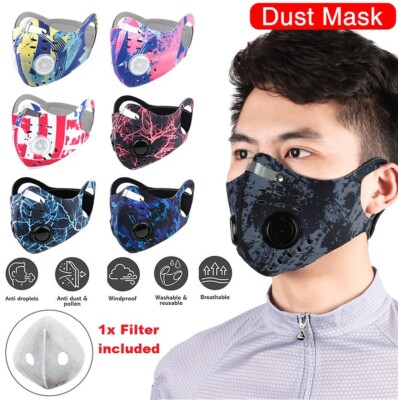 Wiederverwendbare Gesichtsmaske mit Filter Anti Luftverschmutzung PM2,5 zwei Ventile waschbar UK