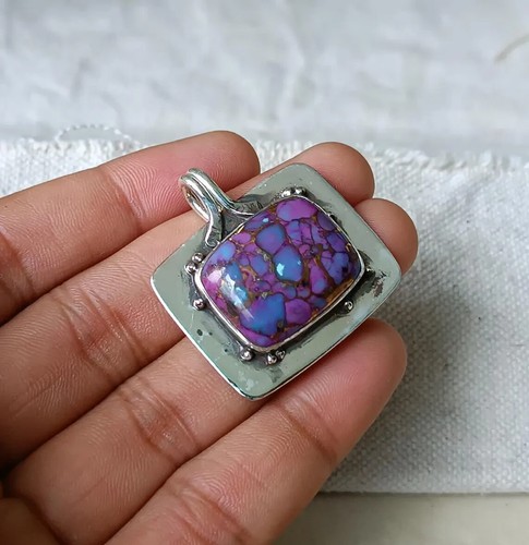 Handcrafted Purple Oyster Turquoise Pendant 925 Sterling Silver Gemstone Jewelry - Picture 5 of 5