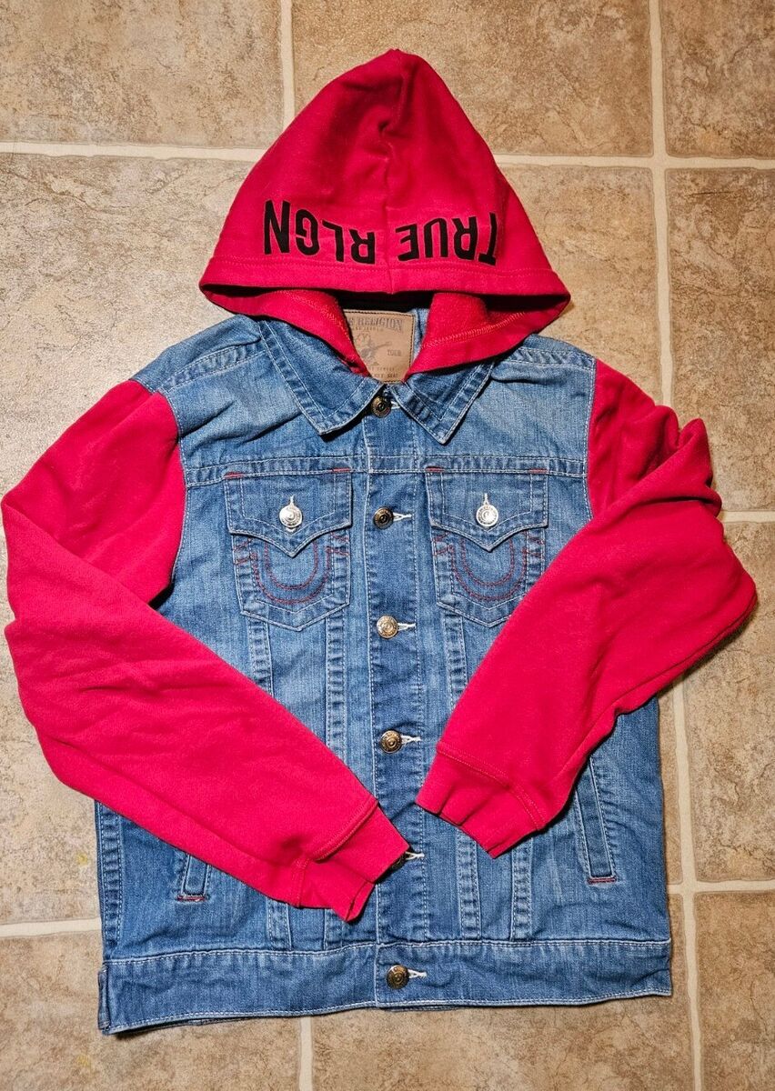 True Religion Jacket Men Small Denim Jean Trucker Red Hoodie True Religion Jacket Men Small Denim Jean Trucker Red Hoodie