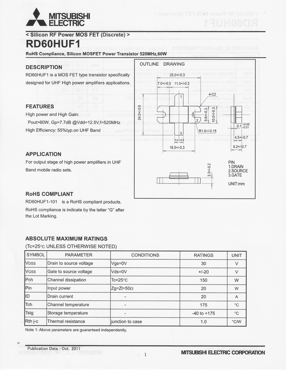 Transistor MOSFET De Puissance RD60HUF1 - Silicium, Conforme RoHS, 1 Pièce Neuve Pour électronique