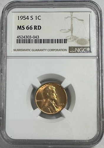 1954-S U.S. Lincoln Wheat Cent, Certified by NGC MS 66 RD, STUNNING GEM