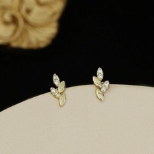 Small Tiny CZ Leaves Stud Earrings for Women