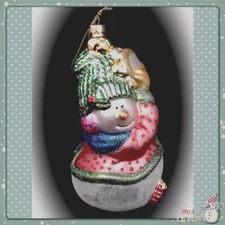 Vintage Fitz and Floyd Snowman w/ Tamboreen Glass Ornament 8.5"  Hand Blown  NIB
