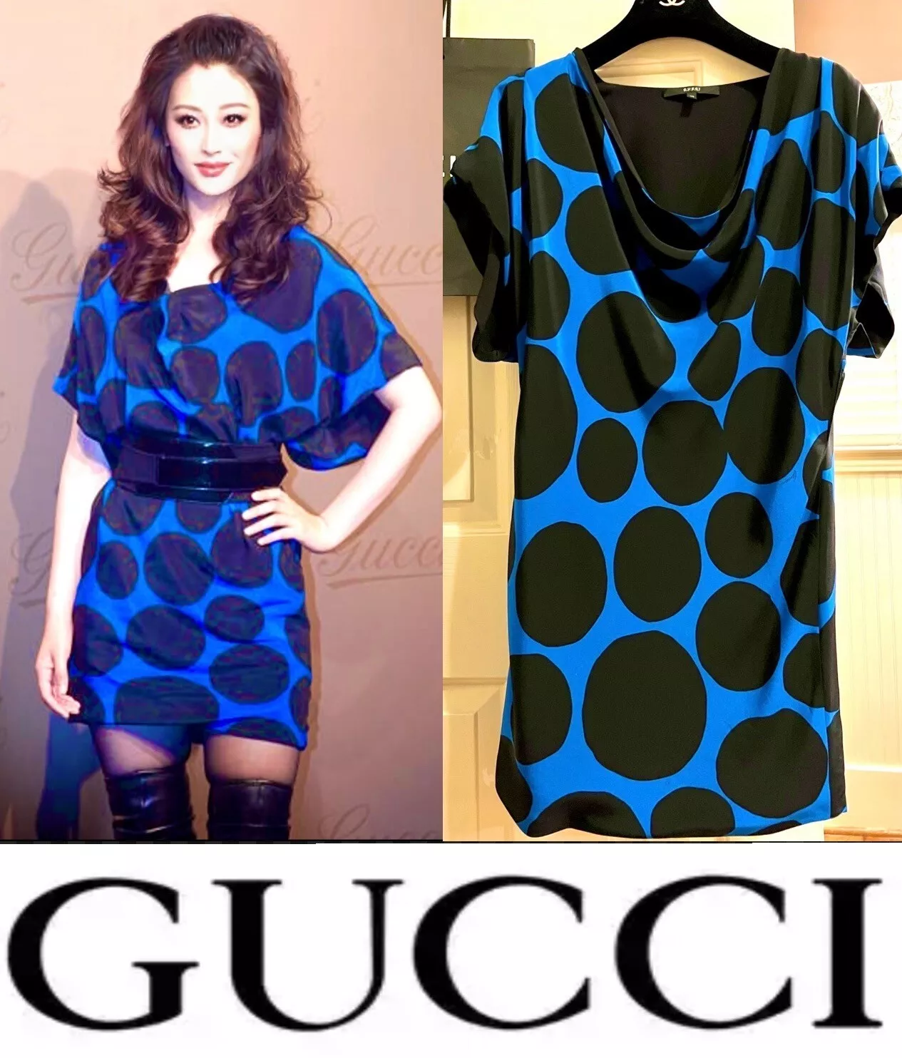 Mini robe Gucci vintage 2009 bleu noir à pois 38 40 42 2 4 6 haut vintage S M