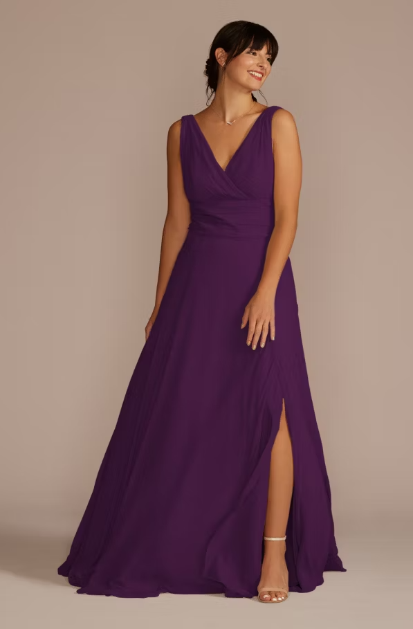 David’s Bridal Women's Long Chiffon Surplice Tank Dress, Plum, Size 4